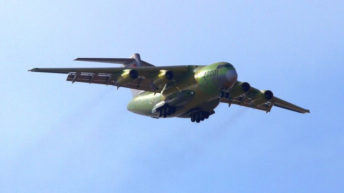 The initial prototype of the Xian Y-20, named 20001 during its first flight in January 2013. Shortly after, the device would receive a dark gray paint, and a few months later the number would change to 781.