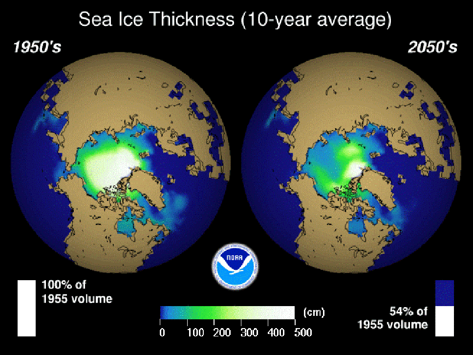 Espesor medio del hielo ártico. Fuente - NOAA