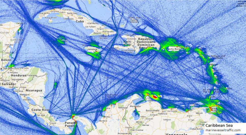 Densidad del tráfico marítimo en el mar Caribe