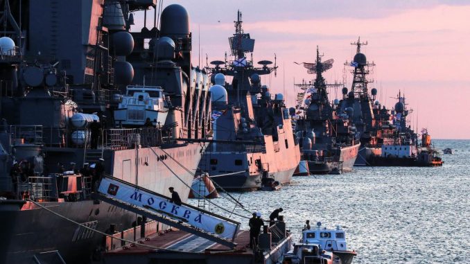 Ships of the Black Sea Fleet, with the ill-fated "Mosvka" in the foreground, during a naval stop. Source - Russian Navy.