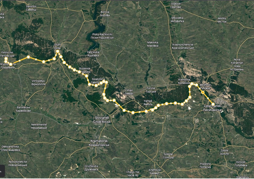 El río Donets ha sido uno de los principales puntos de enfrentamiento entre ucranianos y rusos desde el inicio de la invasión, sirviendo de obstáculo natural y motivando acciones como la de Bilohorivka en mayo que culminó en desastre para Rusia. Fuente - Elaboración propia con base en Google Earth.