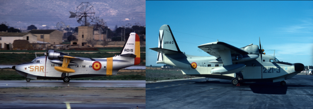 SA-16A SAR y SA-16B ASW del EA. Nótese en este último el radomo del radar APS-88A/B en el morro, el MAD AQS-10 proyectable, debajo de la deriva y el faro de búsqueda bajo el ala izquierda, que también dotaba a los aviones S-2, P-2 y la primera serie de P-3A. Fuente - Internet.