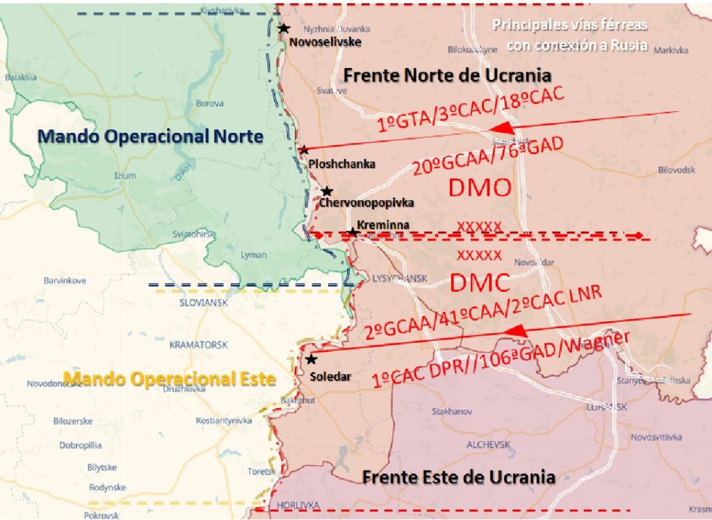 Líneas operacionales y división de mando aproximada en el Frente Norte y Frente Este de Ucrania a 28/01/2023. Fuente - Elaboración Propia.