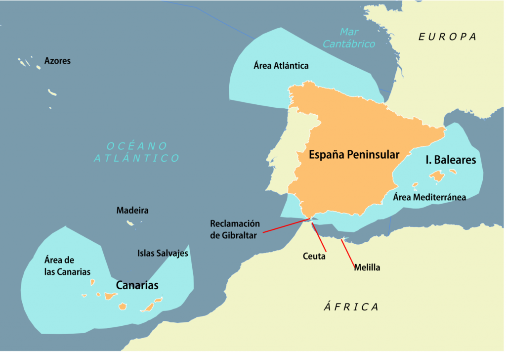 Zonas Económicas Exclusivas de España. Autor - NACLE. Fuente - Wikipedia.