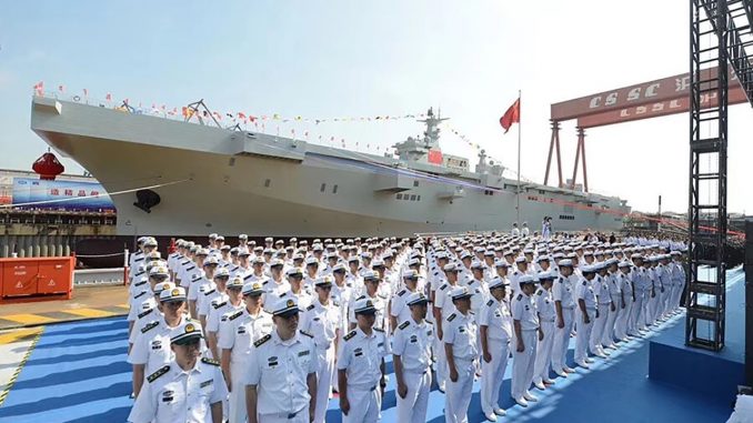 Ceremonia de botadura del LHD Tipo 075 "Hainan". Fuente - CCTV.