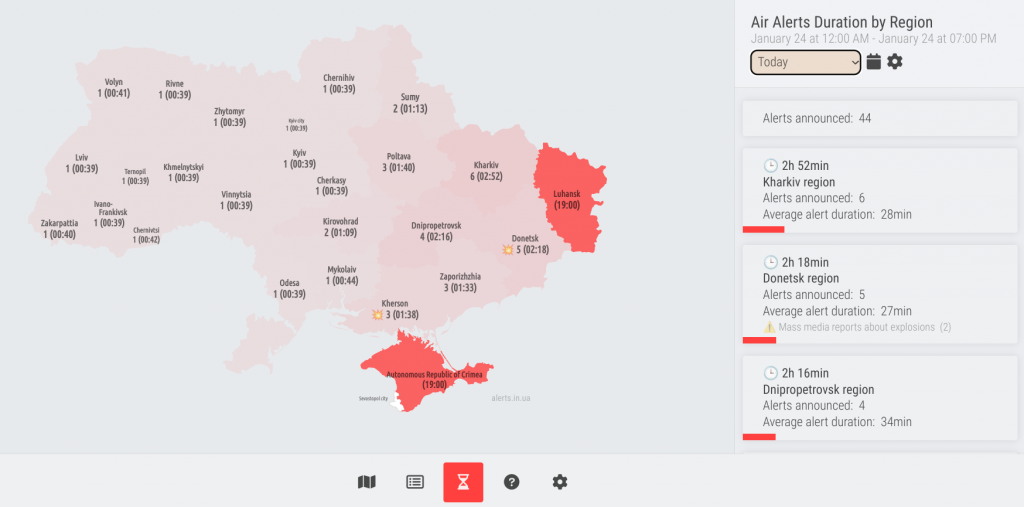 Mapa de la aplicación "Air alert". Fuente - https://alerts.in.ua/en.