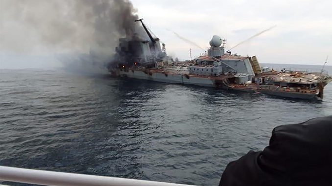 Sinking of the cruiser "Moskva", flagship of the Black Sea Fleet of the Russian Navy, sunk on April 14, 2022. Source - CNN.