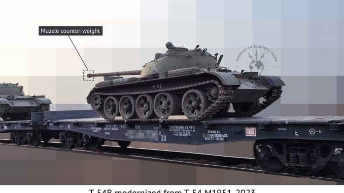 T-54B extraído de los depósitos de almacenamiento a largo plazo rusos con destino a Ucrania. Fuente - Conflict Intelligence Group.