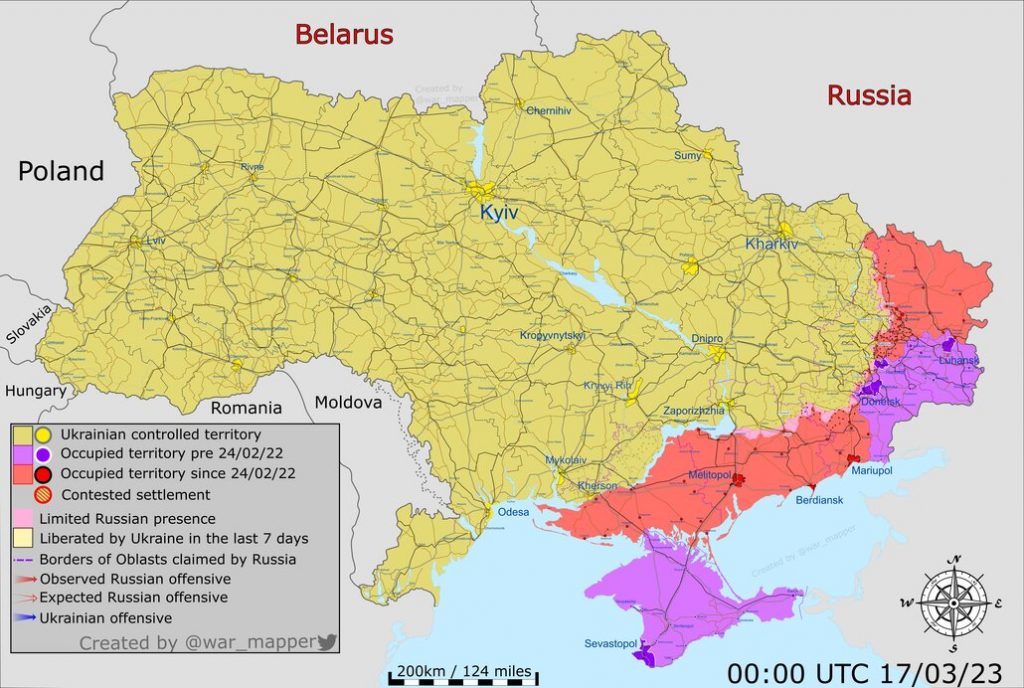 Mapa de situación en Ucrania a 17 de marzo de 2023. Fuente - @War_Mapper.