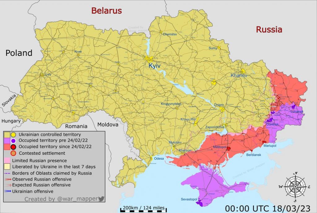 Mapa de situación actualizado en Ucrania a 18 de marzo de 2023. Fuente - @War_Mapper.