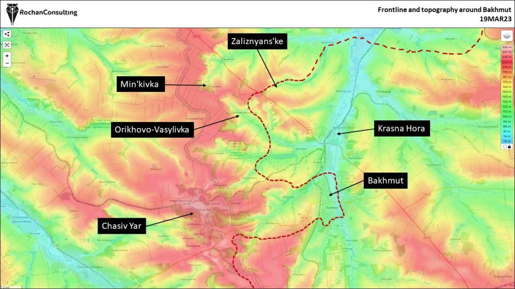 Situación en Bakhmut a 19 de marzo de 2023. Mapa ilustrativo para entender la orografía de la zona. Fuente - Rochan Consulting.