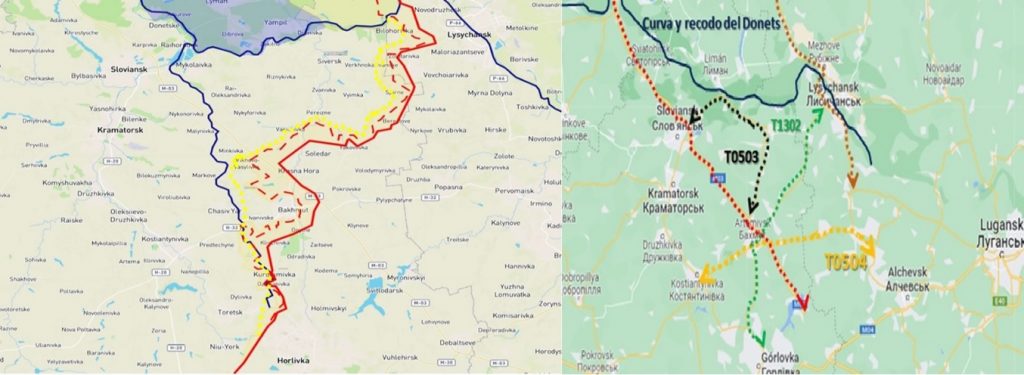 Mapa con la posible línea defensiva a la que se repliegue Ucrania y la red de GLOCs que cruzan el Área Operacional. Mapas de @Defmon3 y Google Maps editados por Gonzalo M. Vallejo Quevedo.
