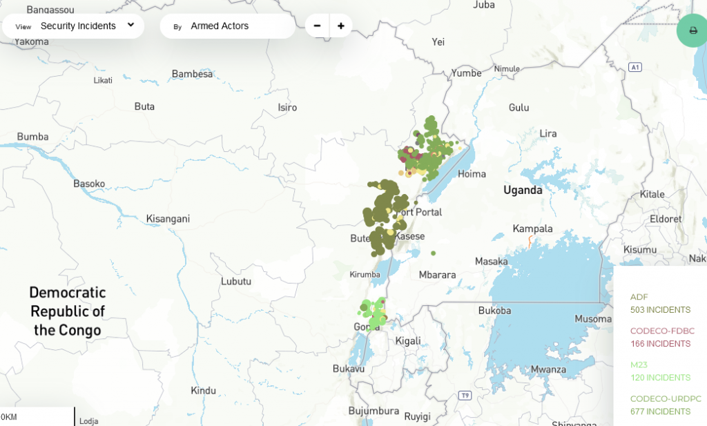 Imagen 3: Mapa con los lugares donde se han producido la mayoría de los incidentes violentos relacionados con cada uno de los tres grupos armados más activos en el este de la República Democrática del Congo. Fuente - https://kivusecurity.org/