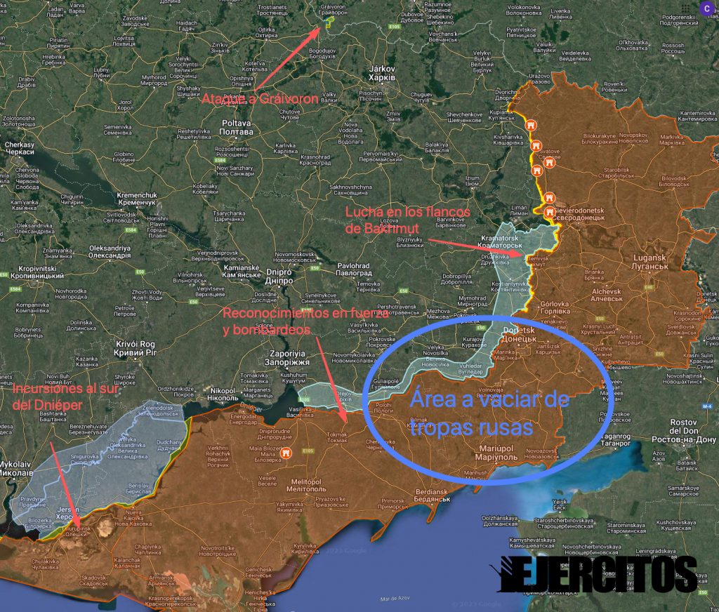 Posible estrategia ucraniana. Fuente - Ejércitos, sobre un mapa de @Majakovsk73.