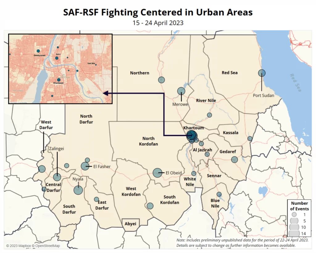 Mapa de los combates entre las Fuerzas Armadas sudanesas y las Fuerzas de Apoyo Rápido en Sudán, del 15 al 21 de abril