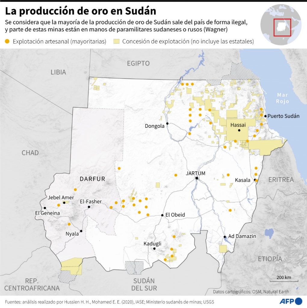 Mapa con las explotaciones mineras de oro en Sudán. Fuente: AFP/Barrons 