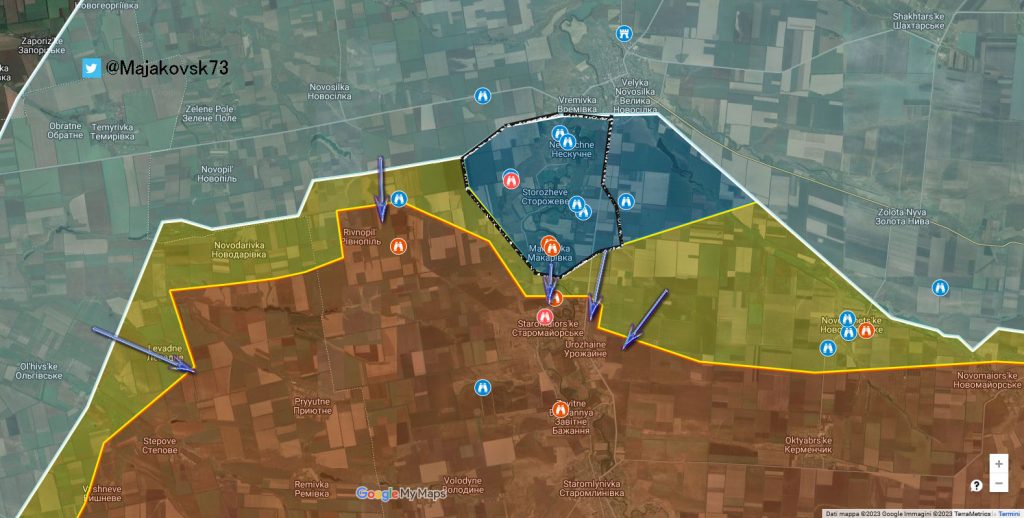 Mapa de situación en el saliente de Velyka Novosilka, la zona en la que se está concentrando la acción en las últimas horas. Fuente - @Majakovsk73.