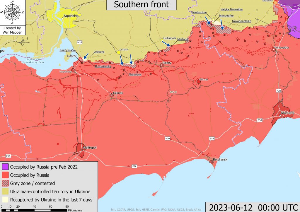 Mapa de situación del sector meridional del frente actualizado a 12 de junio de 2023. Fuente - @War_Mapper.