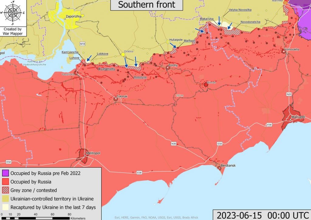 Mapa de situación del frente sur ucraniano actualizado a 15 de junio de 2023. Fuente - @War_Mapper.