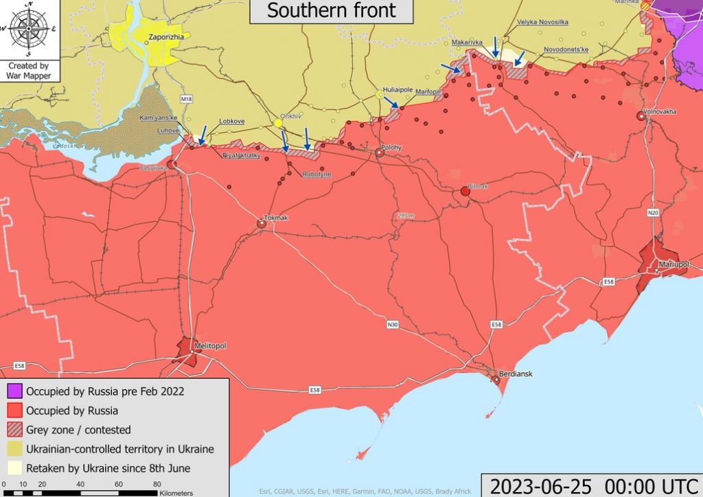 Mapa de situación del sur de Ucrania actualizado a 25 de junio de 2023. Fuente - @War_Mapper.