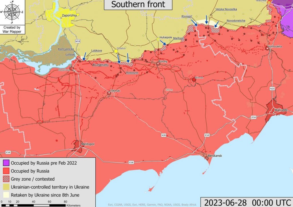Mapa de situación del frente sur ucraniano actualizado a 28 de junio de 2023. Fuente - @War_Mapper.