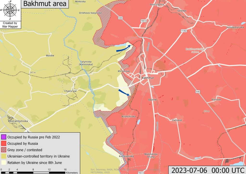 Mapa de situación del área de Bakhmut a 7 de julio de 2023. Fuente - @War_Mapper.