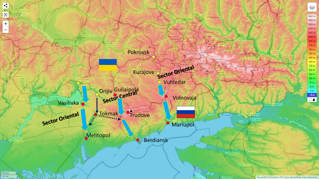 Ejes de avance de la ofensiva ucraniana al sur del país. Fuente - Elaboración propia sobre el mapa topográfico de topographic-map.com.