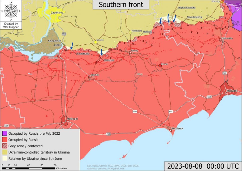 Mapa de situación del sur de Ucrania actualizado a 8 de agosto de 2023. Fuente - @War_Mapper.
