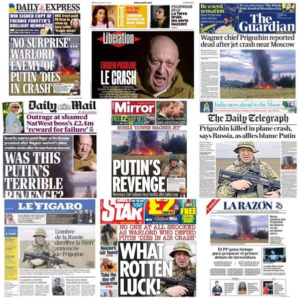 Las portadas de la prensa internacional han apuntado, casi unánimemente, a Putin como autor de la muerte de Prigozhin.