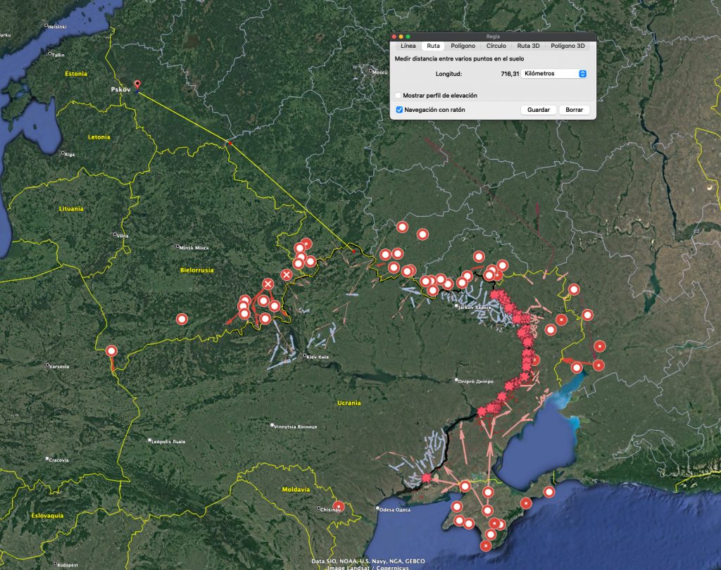 Los drones empleados en el ataque a la base aérea de Pskov habrían recorrido una distancia de alrededor de 700 kilómetros desde territorio ucraniano. Fuente - Google Earth.