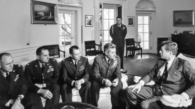 John F. Kennedy meets with his military advisors during the Cuban missile crisis