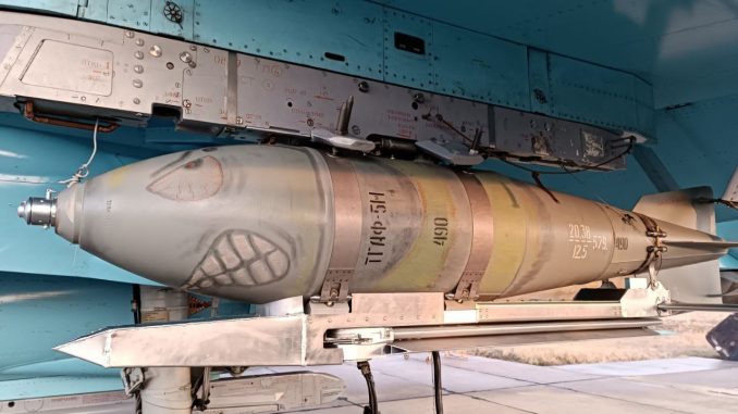 Russian FAB-500 gliding bomb to which a prototype guidance kit has been attached